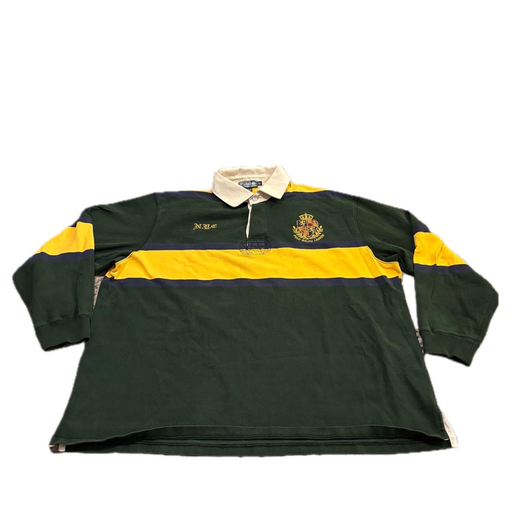 Polo Ralph Lauren Mens 3XL Big Rugby Shirt Green Yellow Striped Crest NYC Logo